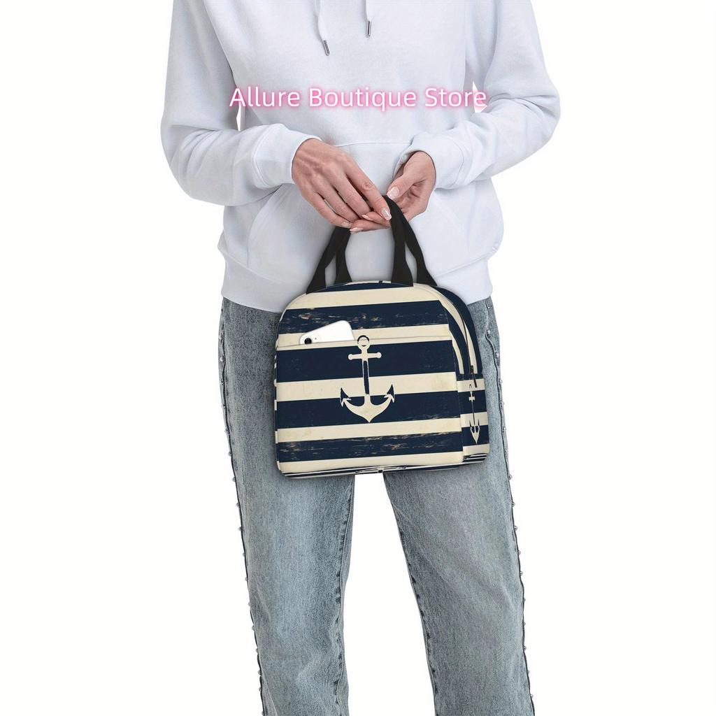 1pc Nautical Anchor Design Printed Thermal Insulated Bag, Non-Food Contact, Unisex Portable Reusable for Home, Restaurant, Offic