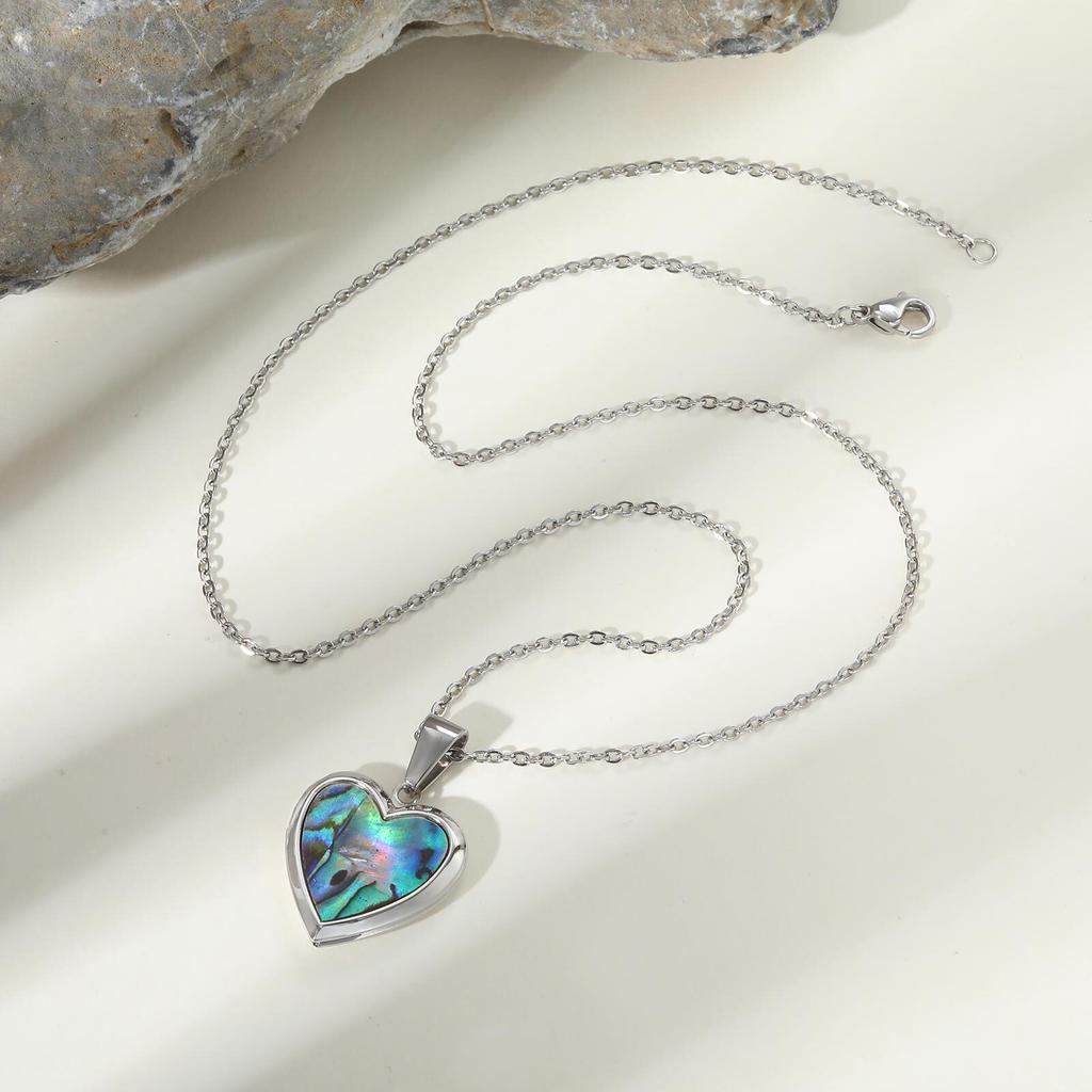 Women Heart Locket Necklace Pendant, Vintage Seashell Inlay Stainless Steel Jewelry Waterproof