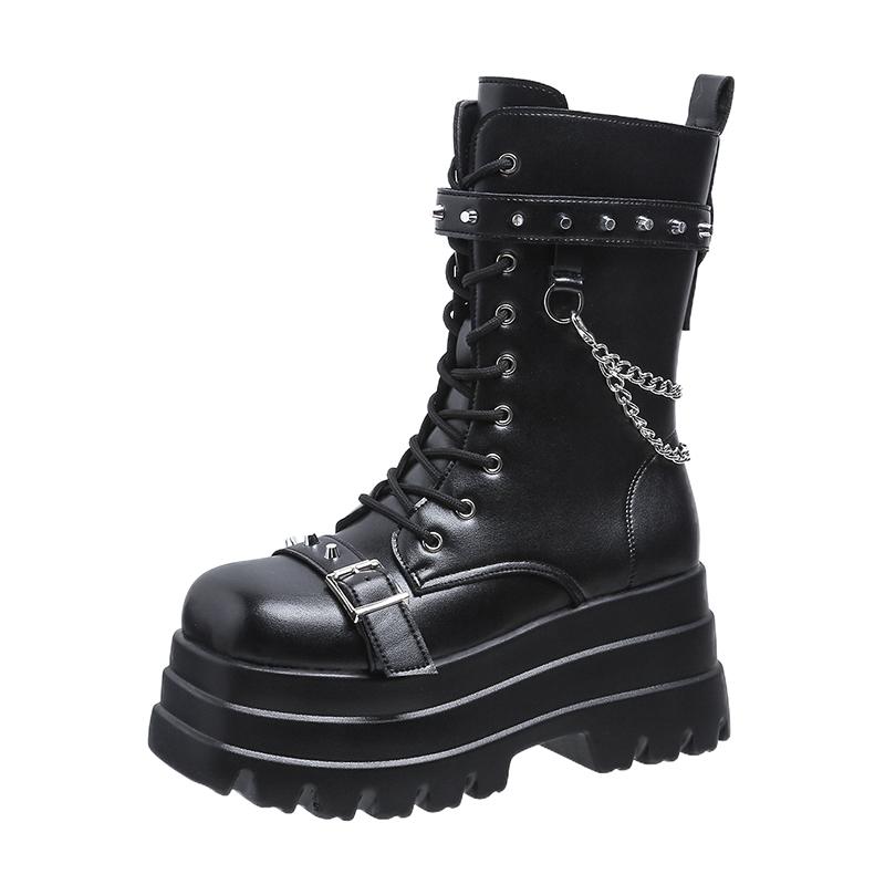 8,5CM Neue Schwarze Punk Style Damenstiefel Keilabsatz Plateau Stiefel Metallschnalle Mid-Calf Stiefel Schuhe Frau Gothic Stiefelette Größe 42 39 schwarz