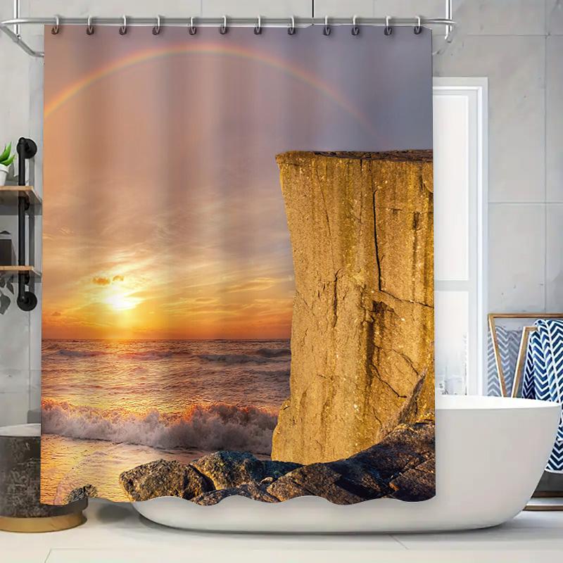 

3D Printed Shower Curtain Featuring Ocean Waves Crashing Against A Rocky Cliff During Sunset With Rainbow Room Decor Art Print F W60H190(CM)-1 Pcs