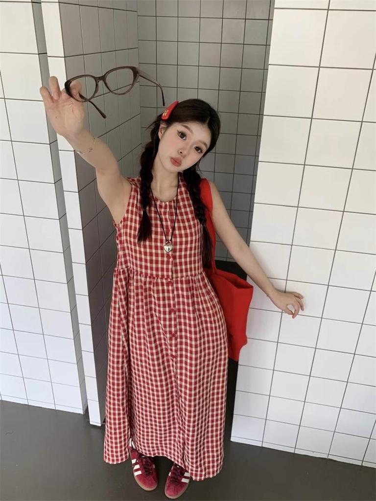 Women's Sweet & Spicy Red Plaid Sleeveless Tank Dress - Spring 2025 Collection, Loose Fit, Single-Breasted, Long Lazy Style