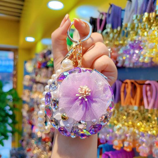 Women Folding Mirror Keychain Portable Make-up Mirror Pendant Rhinestones Faux Pearl Double-Sided Mirror