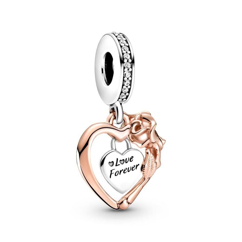NEUER Rosegold Familienliebe Charm Anhänger Perle Blume Herz Clip Passend für Silberarmband DIY Schmuck Geschenk für Sie