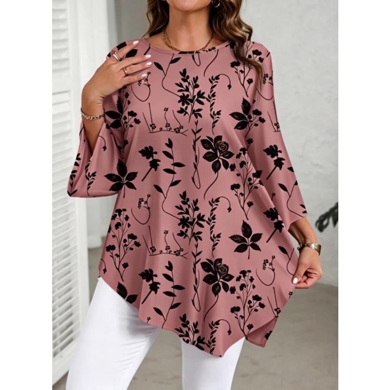 [Blusentop in Übergröße] Damen Casual Elegantes Blusentop mit Blumendruck und Rundhalsausschnitt für den Sommer - Übergröße
