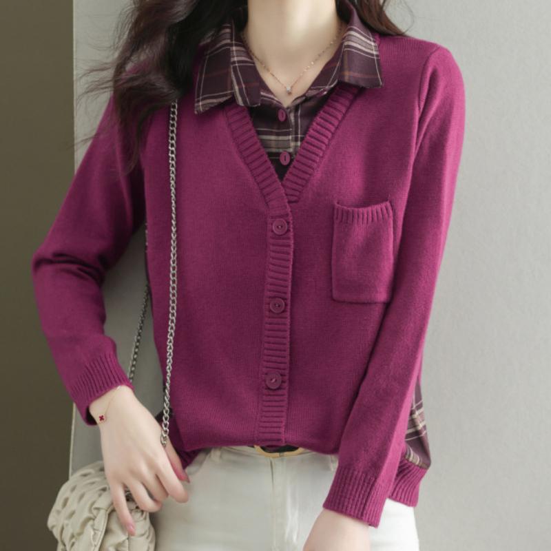 2024 Women's Spring Autumn Bottom Shirt Fake Two Piece Knitted Long Sleeve Tops Short Cardigans Sweater Femme Casual Knitwears Coat