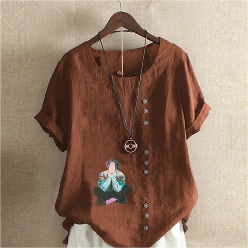 Women's New Fashion Linen Shirt Round Neck Short Sleeve Boy Printed T-shirt Summer Ladies Casual Plus Size Blouse Tops