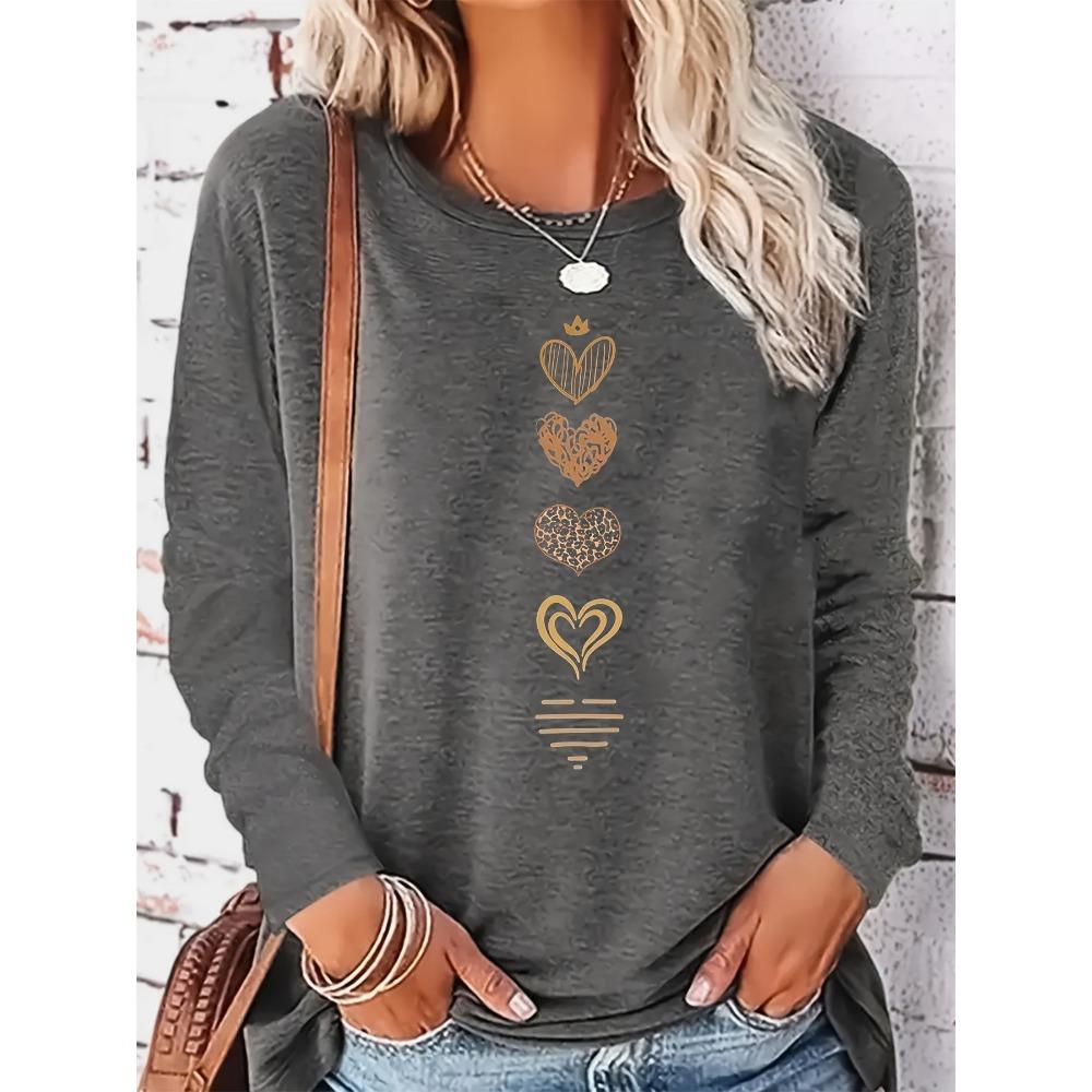 

Жіноча модна повсякденна футболка з довгим рукавом і круглим вирізом, з принтом у вигляді сердець, для осені та зими 6XL