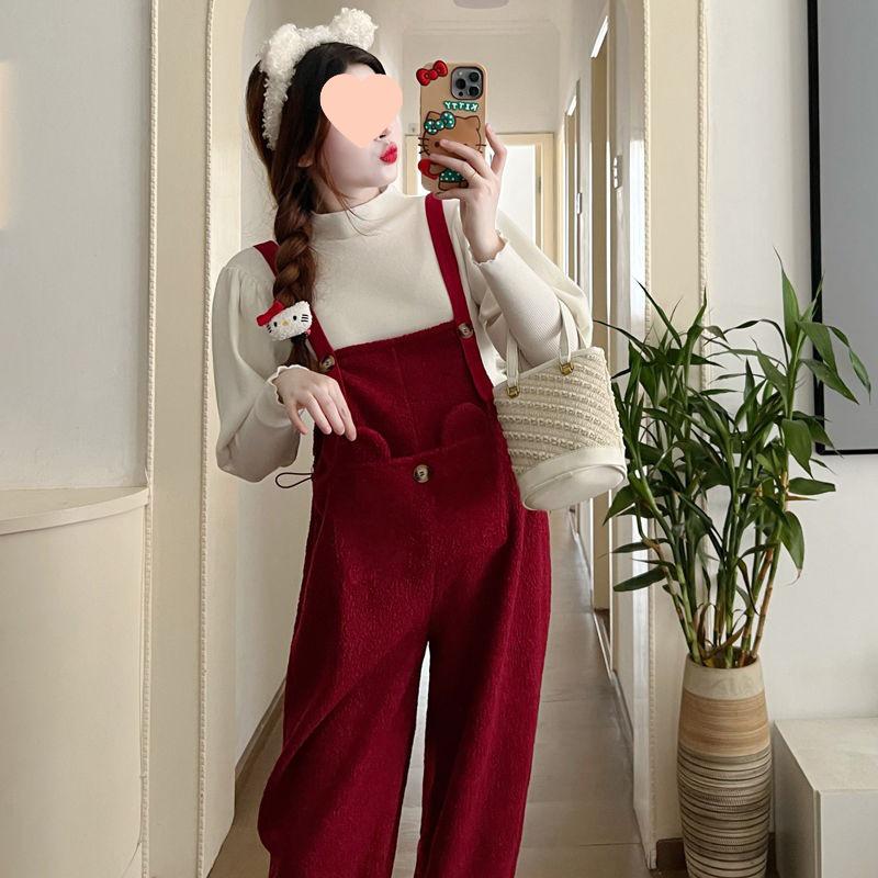 Adjustable Drawstring Maternity Overalls Set with Bubble Sleeve Top for Fall & Winter