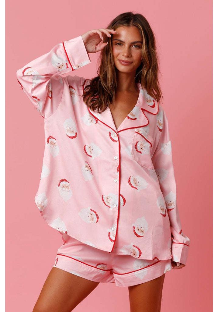2023 Santa Claus Satin Print Two-Piece Homewear Pajama Set