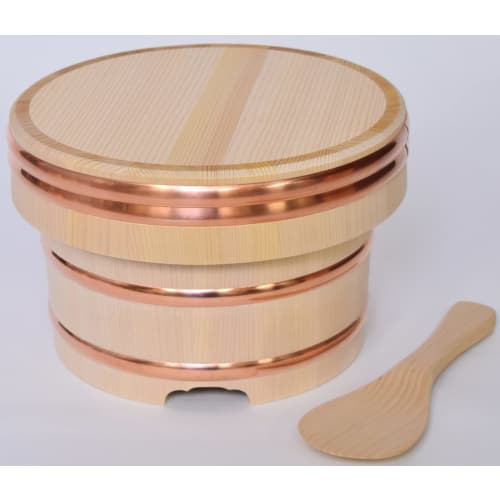 Kiso Kogei Kiso Sawara Edo-style Rice Container, 5-cup capacity, with handmade ladle, natural finish