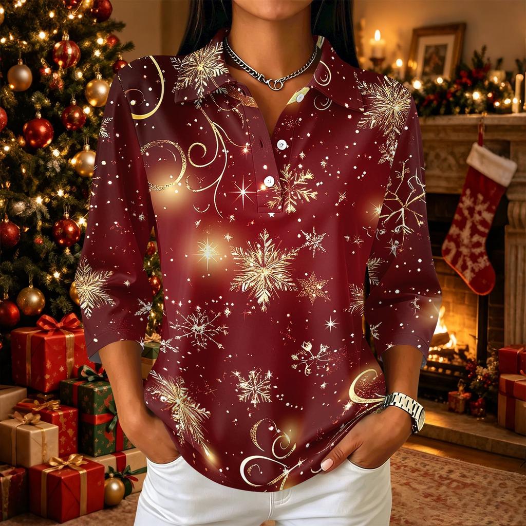 Women's Casual Christmas Print Button-Up Three-Quarter Sleeve Lapel Top