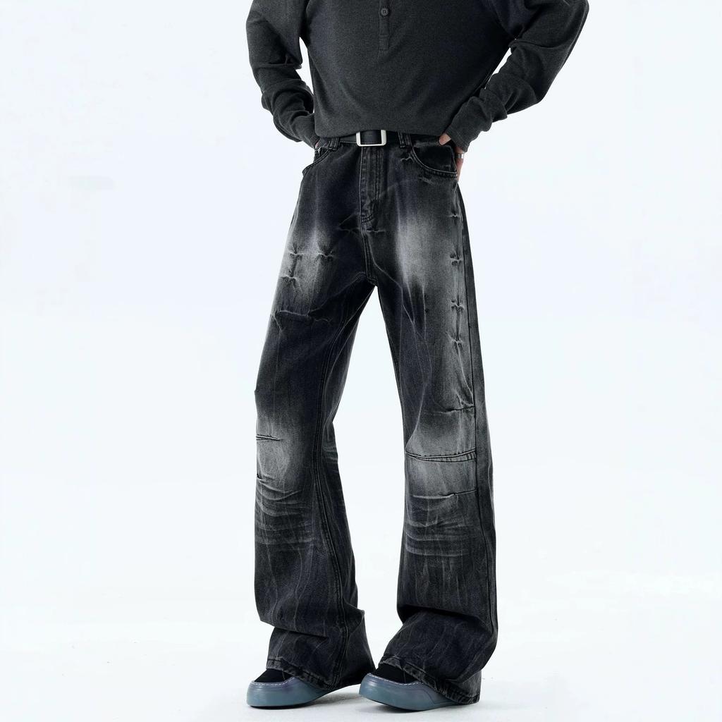 American ins versatile lightning pattern black micro-pull jeans men's autumn new thin trousers casual pants tide