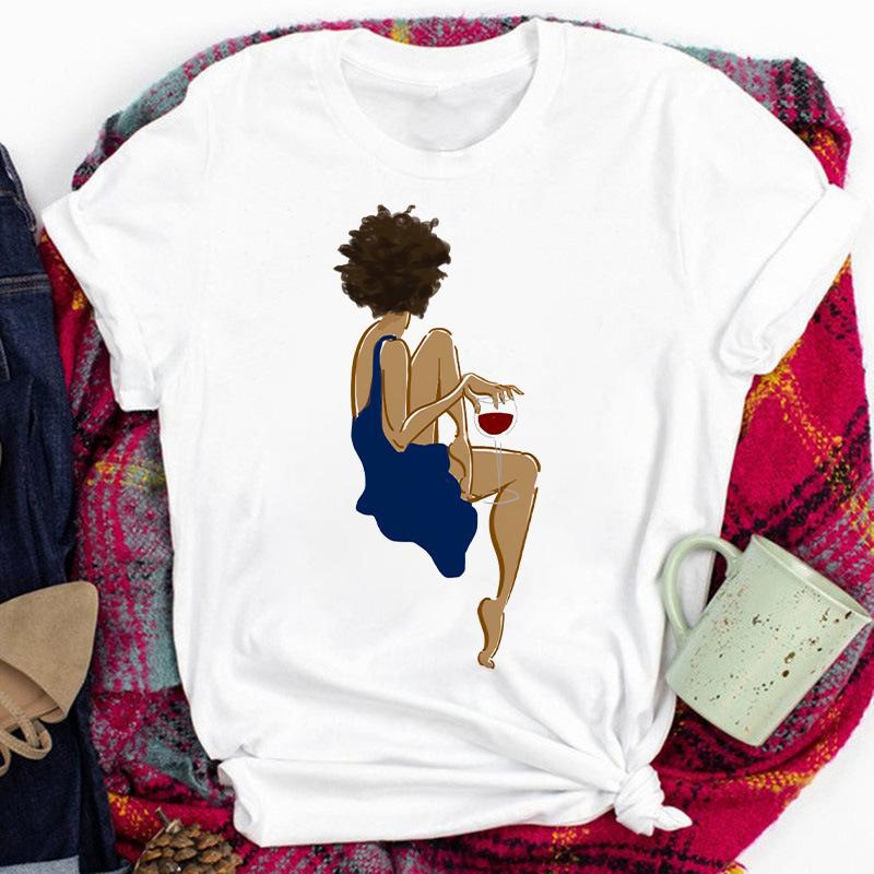 Red Lips Drinking Red Wine Women Printed Short Sleeve Casual Cartoon Fashion Clothes Print Tee Top Tshirt Female Graphic T-Shirt