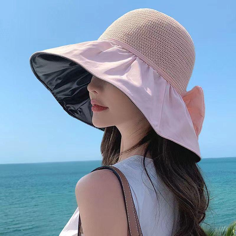 Summer vinyl sun hat women's hollow straw hat UV protection big eaves bucket hat face protection sun protection small face hat