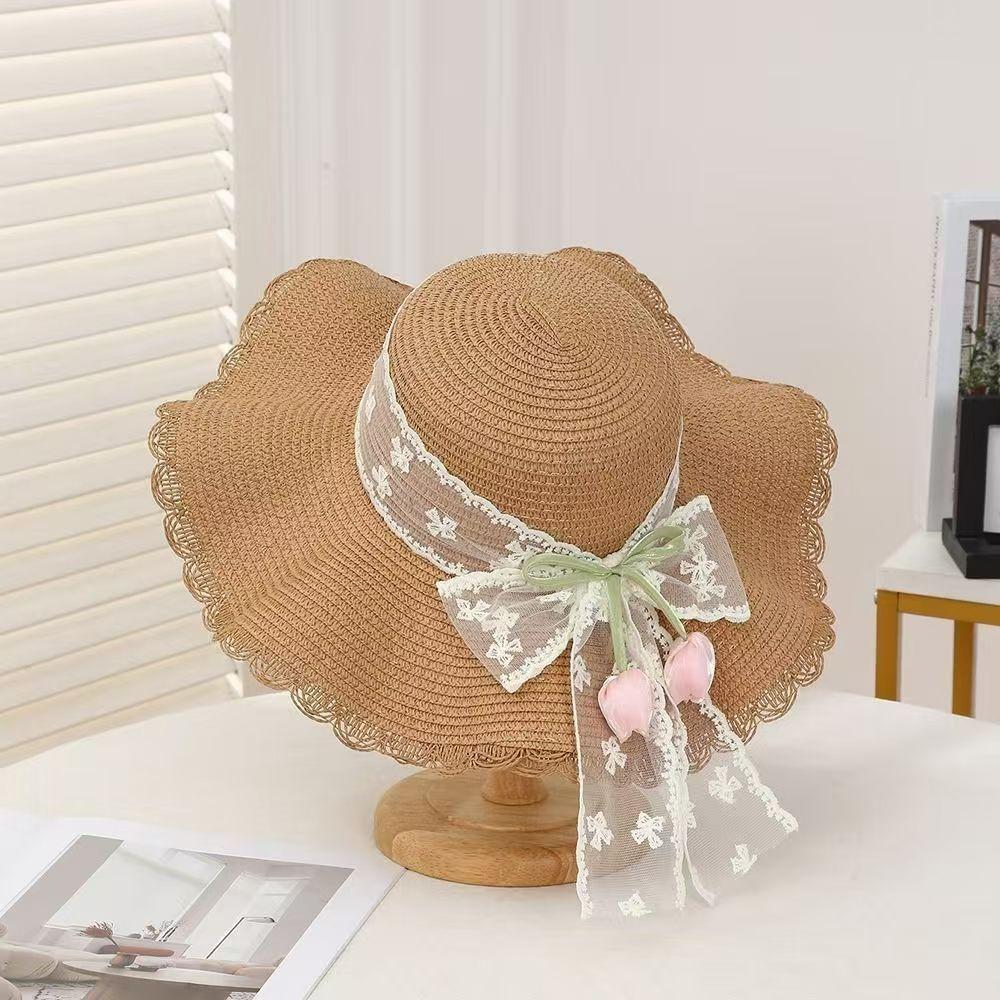 Straw Hat With French Lace Bow And Wave Edge For Beach Sun Protection