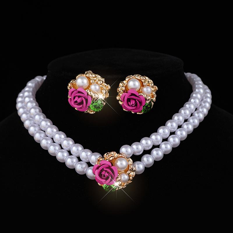 Multi-layer imitation pearl rose choker neck chain bridal diamond pearl necklace earrings set women