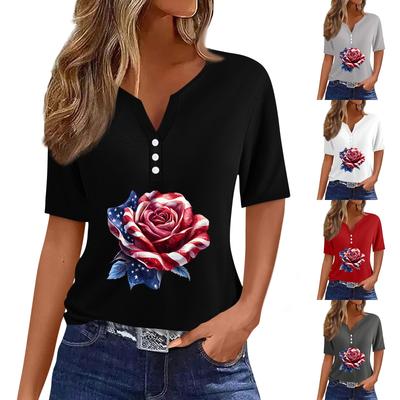 Camiseta para Mujer Estampado Día de la Independencia Botón Manga Corta Diario Fin de Semana Moda Básica Cuello en V Regular Top