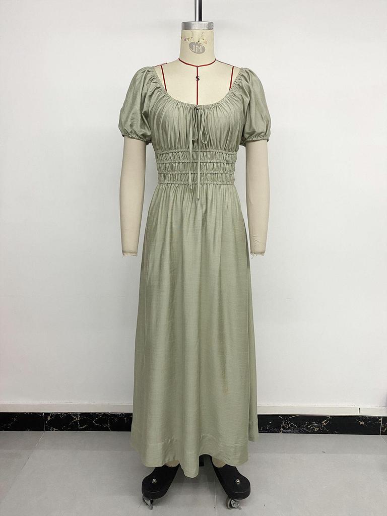 2026 Spring/Summer Elegant French Square Neck Puff Sleeve Long Dress for Women