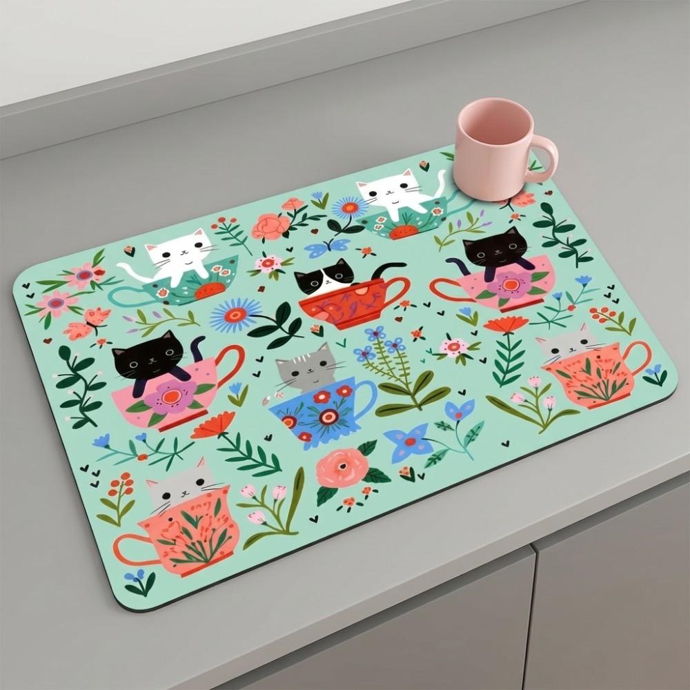 Household Cat Floral Coffee Machine Mat Anti-Slip Absorbent Kitchen Mat Sweet Rectangular Dish Drying Mat Tableware