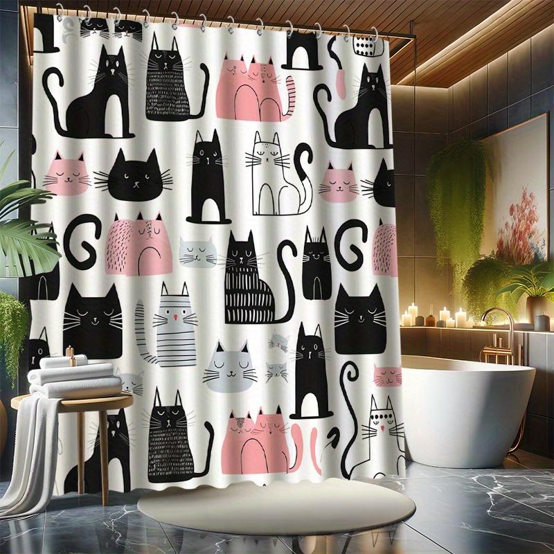 Cartoon Cat Shower Curtain Set - Various Colorful Cat Patterns, Includes 12 Hooks, Polyester Fabric, Modern Bathroom Decor