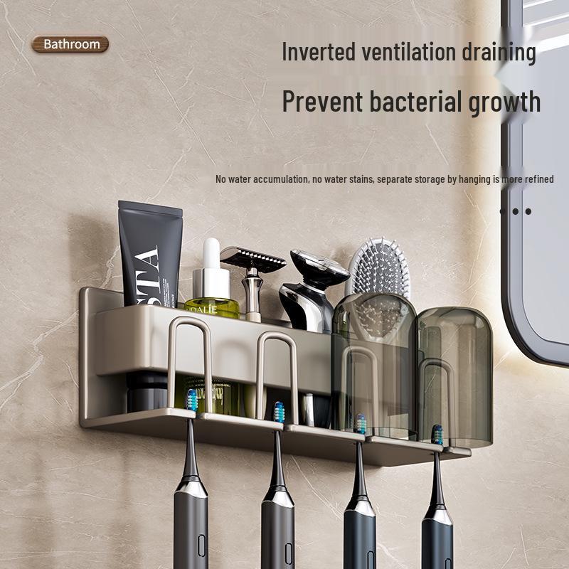 Wall-Mounted Electric Toothbrush & Mouthwash Cup Holder Set - No-Drill Installation