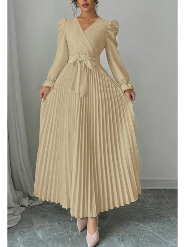 

Elegant Cross V-Neck Pleated Dress - Solid Color, Light Luxury, European Style 2026 Large хакі
