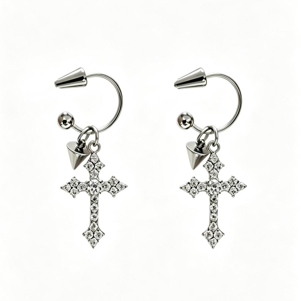Cross Zircon Stud Earrings Hip Hop Fashion Men Ear Cuff Jewelry