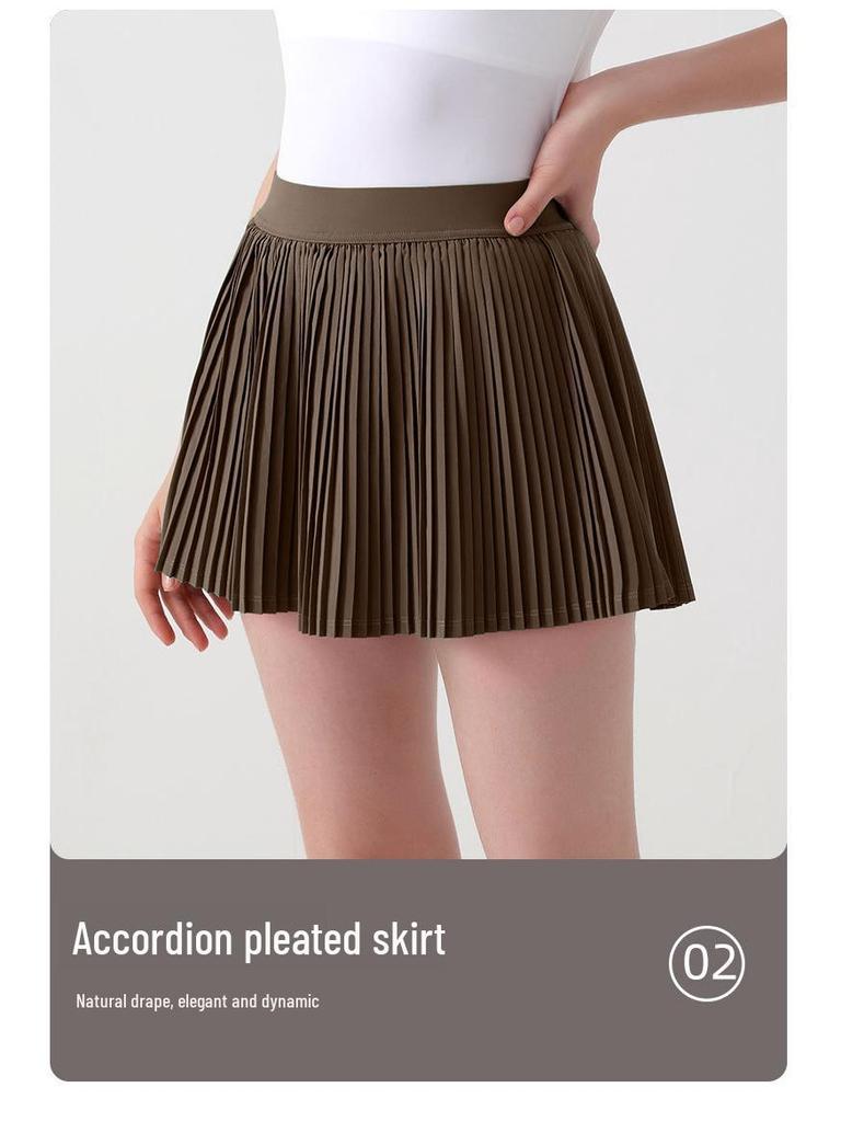 Damen Tennisrock mit hohem Bund: Fake zweiteiliger plissierter Sport-Skort mit integrierten Shorts.