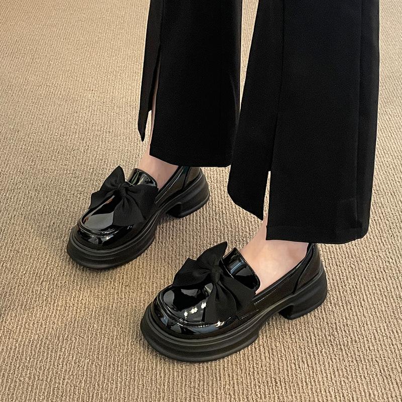 

Black bow platform small leather shoes women 2025 height increase Mary Jane single shoes women 40