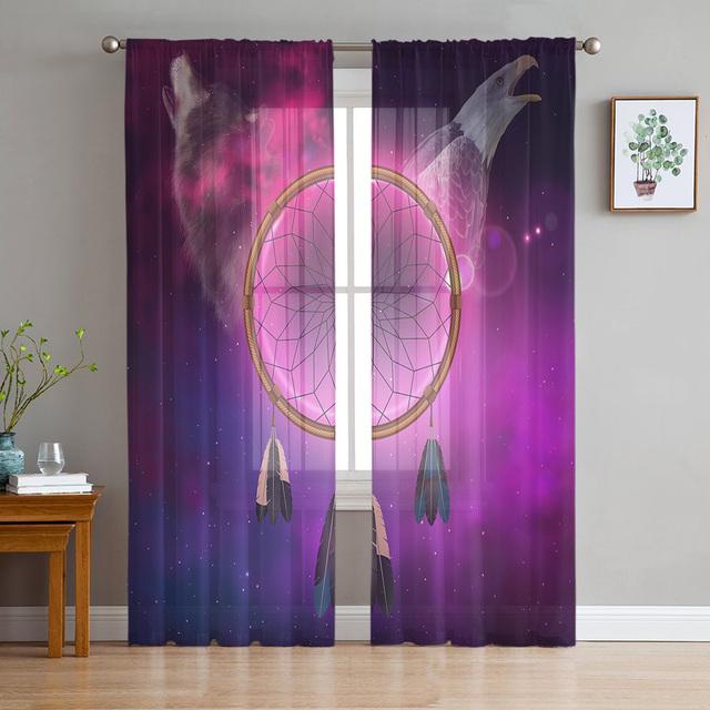 

Тюлевые шторы «Ловец снов» с акварельным рисунком перьев для гостиной, спальни, декор, шифоновая прозрачная вуаль, занавеска для кухонного окна 1 PCS W100XH250cm