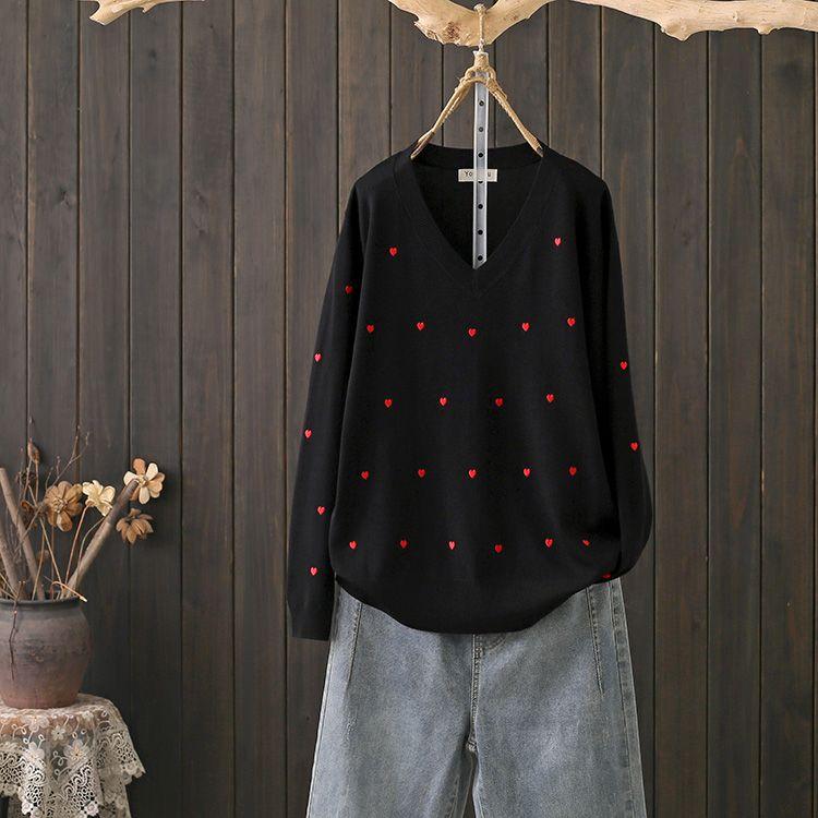 

Женский тонкий свитер больших размеров на весну-осень в корейском стиле, с длинным рукавом, V-образным вырезом, вязаный пуловер, свободный, повседневный, с принтом сердечек, топы S