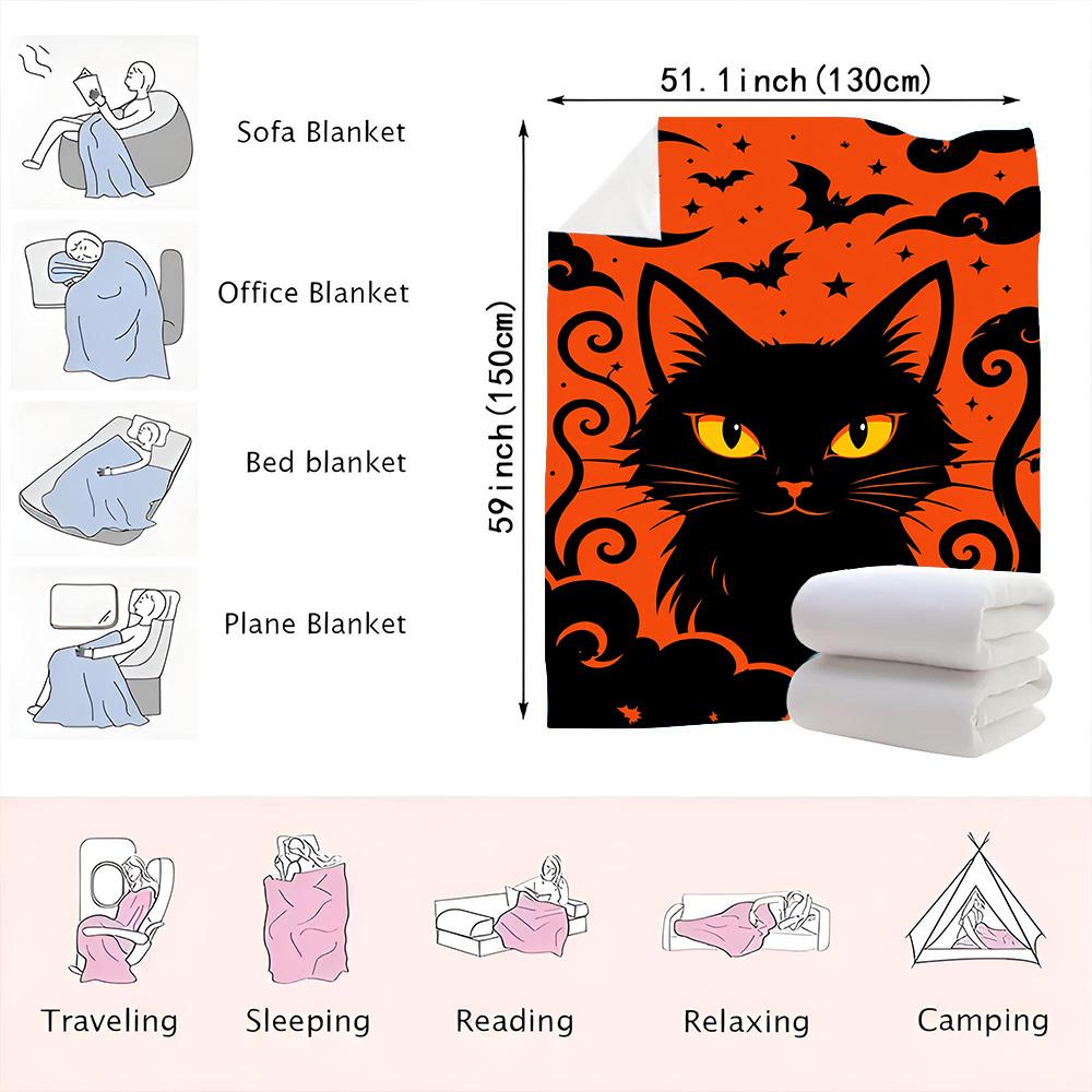1PC Black Cat Print Halloween Blanket-Made of soft plush flannel, perfect for sofas, beds or recliners. Ideal for home decor, th