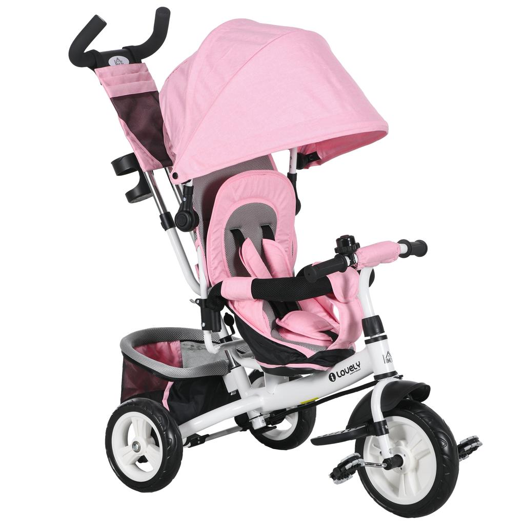 Children's Tricycle, 1-5 Years, Handle, Adjustable Canopy, 102x49x102 Cm, White/Pink
