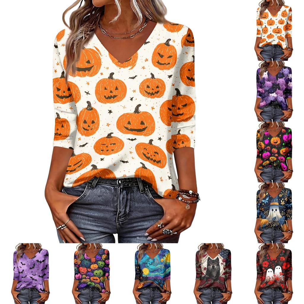 Womens Casual V Neck Three Quarter Sleeve Top Halloween Print Loose Fit Pullover Shirt Lightweight Soft Fabric