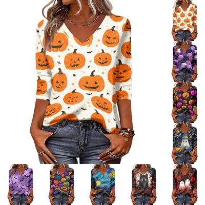 Womens Casual V Neck Three Quarter Sleeve Top Halloween Print Loose Fit Pullover Shirt Lightweight Soft Fabric