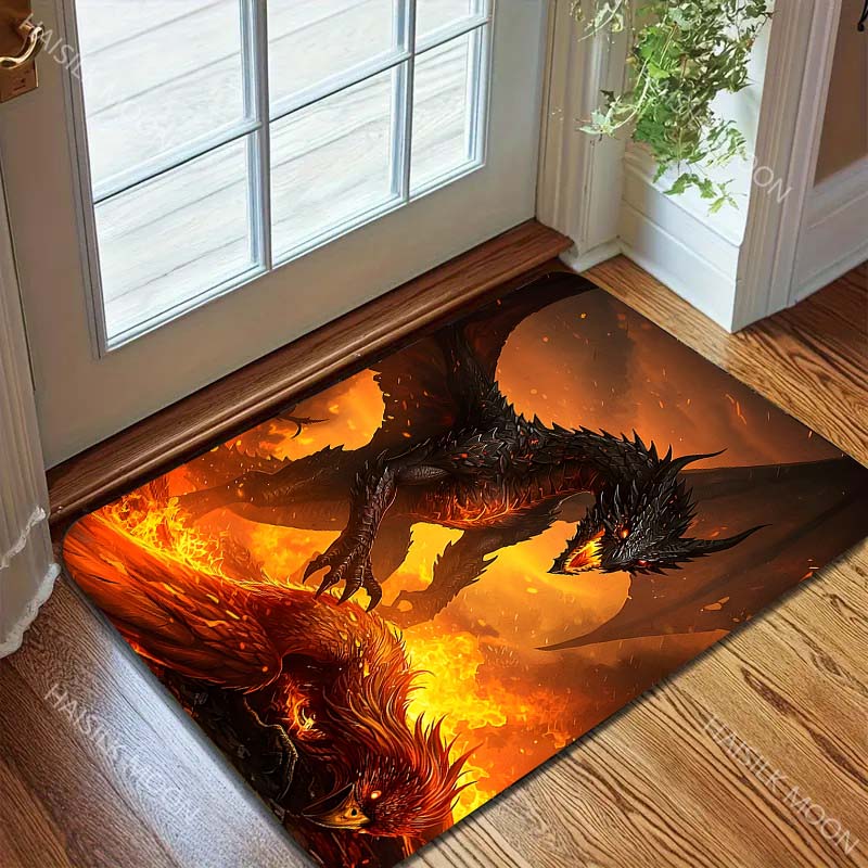 Mehrere Größen Schwarzer Drache Feuer Phönix Kampf Teppich für Wohnzimmer Schlafzimmer Sofa Heimdekoration Teppich Rutschfeste Fußmatte Luxuriöses Geschenk