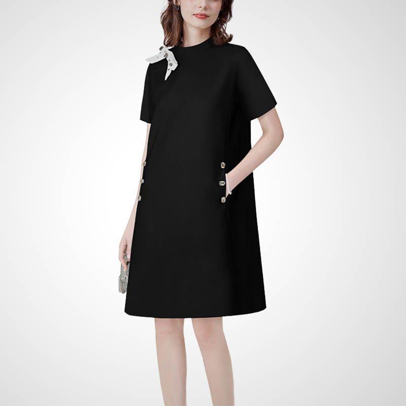 

Loose Casual Commuter Dress 2025 Summer New Arrival Fashion round Collar in Black Short Sleeve Skirt Slimming A- line Skirt Black S