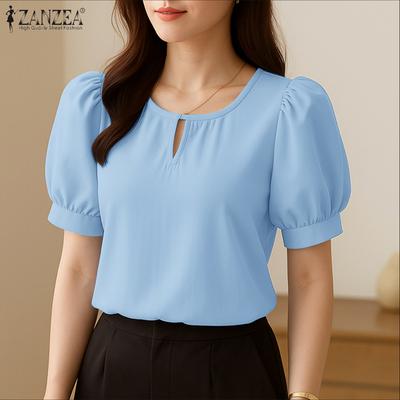 Women Casual Round Neck Solid Color Summer Short Sleeve Blouse