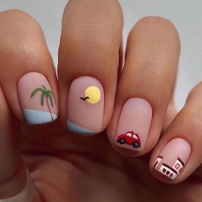 24pcs Press On Nails Summer Beach Short Square Nails Cute and Fresh Sun Seagull European Square Short Nail Art Pieces Sweet Simple Removable