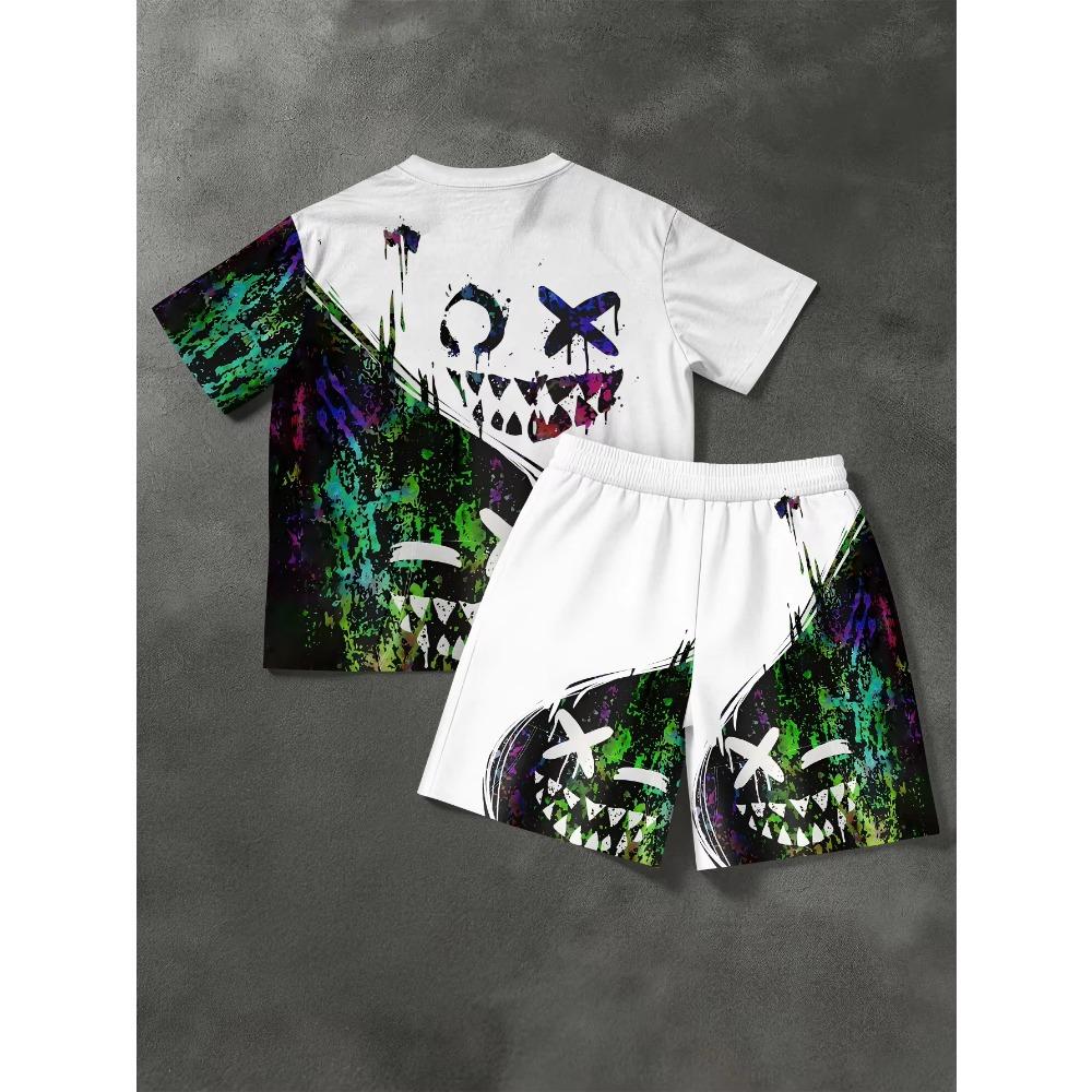 American Summer men's Personalized Graffiti Print Comfortable Breathable Round Neck T-shirt Shorts Set Outdoor Casual Wear