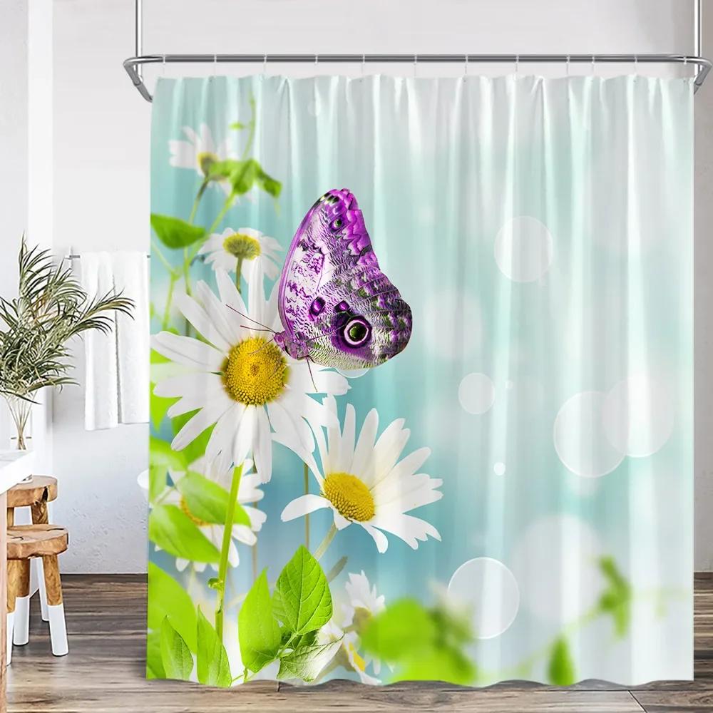 

Цветочная Бабочка Шторка для душа Розовый Фиолетовый Цветущее Растение Искусство Украшения для ванной комнаты Шторка для душа с крючком W120xH180cm
