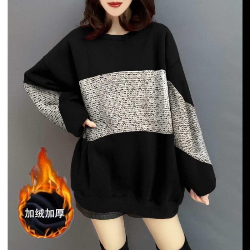 

Autumn Winter Round Neck Loose Casual Patchwork Sweatshirt Women Velvet All-match Pullover Top M чёрный