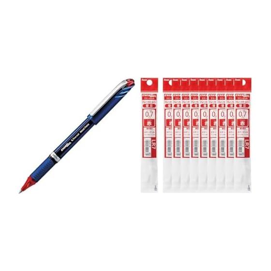 Pentel EnerGel Euro Gel Ink Ballpoint Pen BL27-B, 0.7mm Red, 10 Pens; EnerGel 0.7mm Refill XLR7-B, Red, 10 Refills