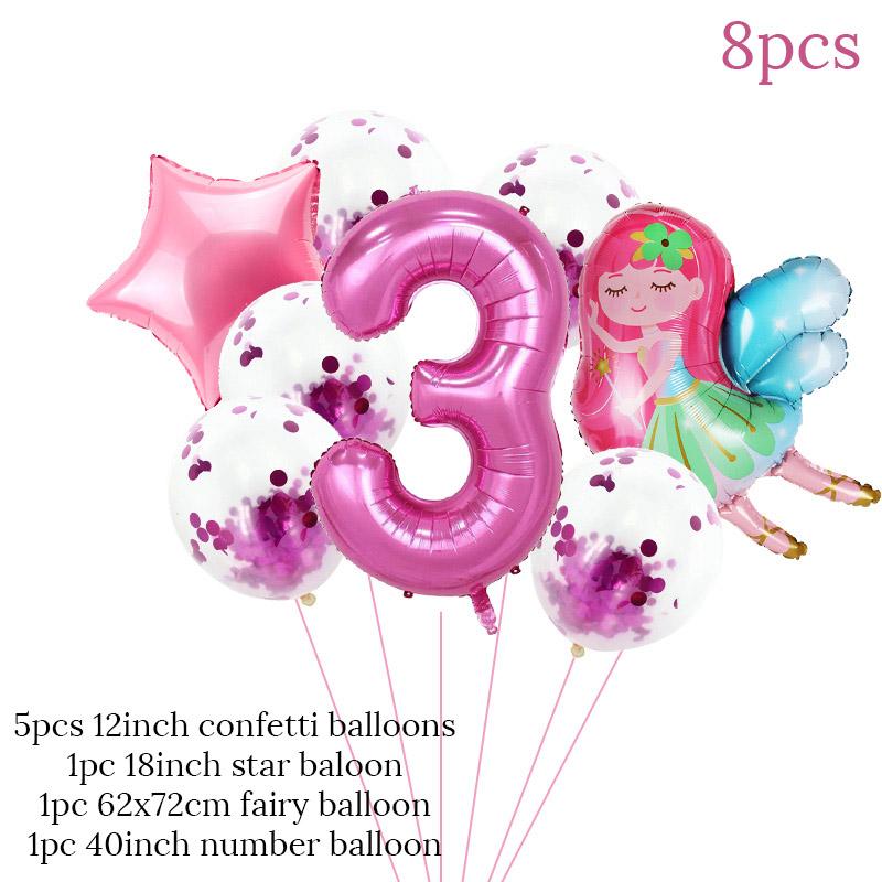 8pcs Girl Birthday Balloons Set Fairy Foil Balloons Number Helium Balloon 1 2 3 4 5 6 7 8 9 Years Old Kids Birthday Party Gifts