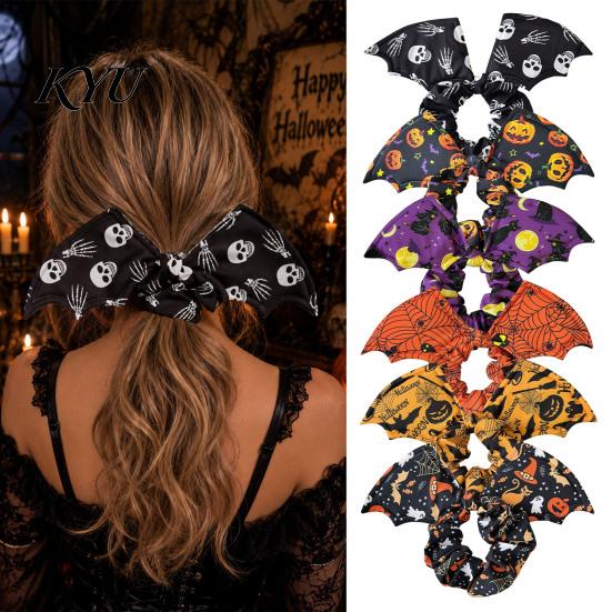 Halloween Hair Ties for Women Bat Shape Scrunchies Girls, Soft Elastic Ponytail Holders with Spooky Pumpkin/Spider Web/Black Cat Prints Holiday Party