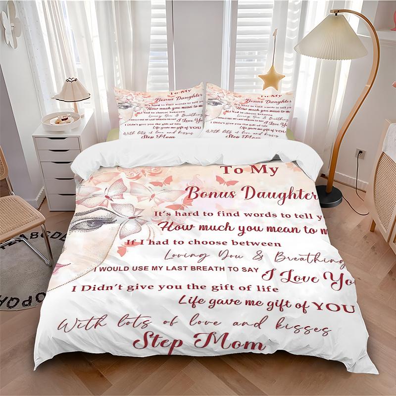 3pcs Heartfelt Message from Step Mom Bedding Set, 1 Soft Quilt Cover + 2 Pillowcases, Machine Washable, Suitable for All Seasons