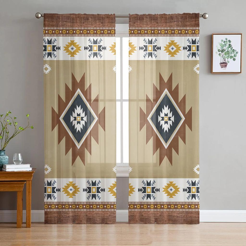 Southwest American Tribal Totem Boho Sheer Curtains Transparent Window Voile Tulle for Bedroom Holiday Decoration