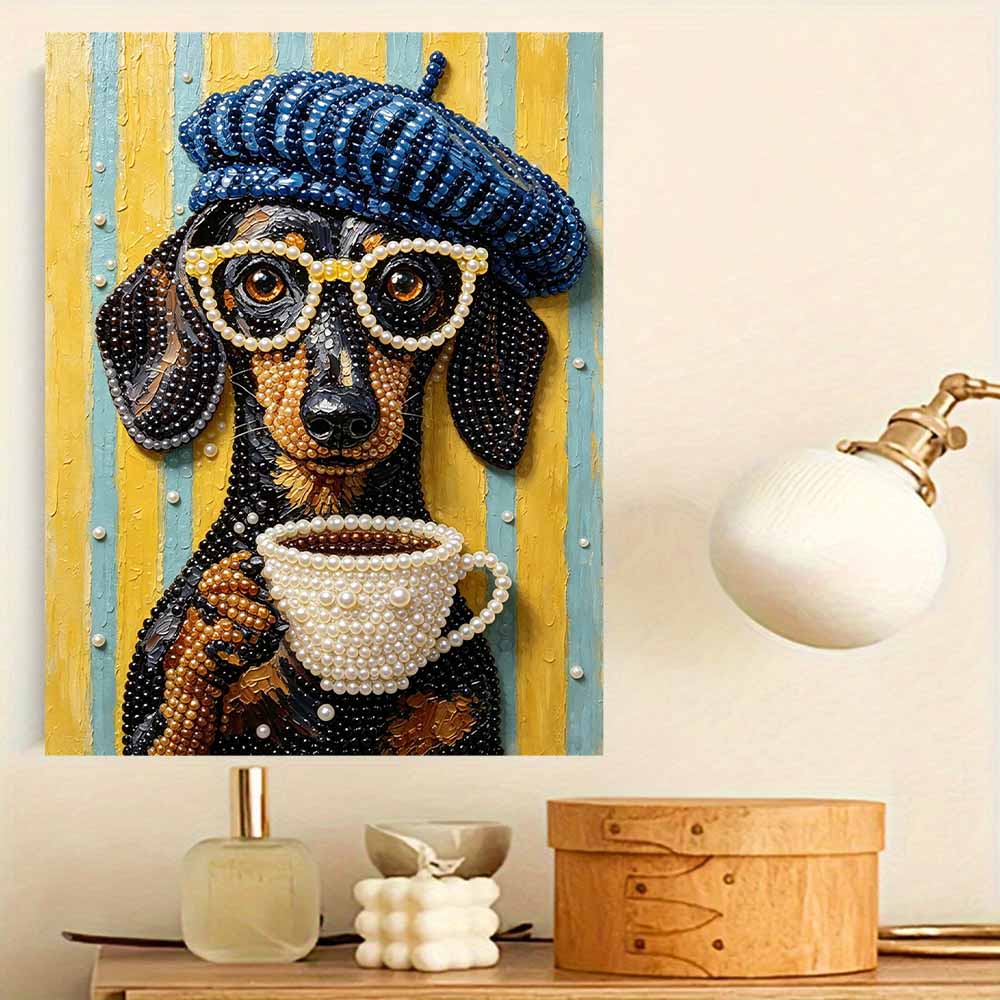 Kreatives DIY-Rahmen-Perlenkunst-Set mit Dackel-Kaffee-Muster Funkelnde Perlenleinwand Fertig zum Aufhängen Entspannendes Geschenk für Erwachsene Kunsthandwerk