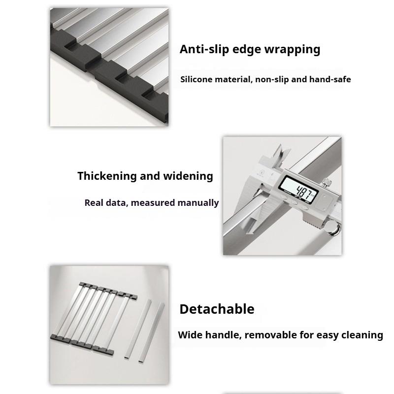 Skládací odkapávač na dřez z nerezové oceli 304, Kuchyňský odkapávač na nádobí, Zesílený protiskluzový skládací odtokový koš