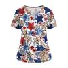 Women's V Neck Short Sleeve Work Top with Pockets Split Hem Independent Day Print Shirt Medical Uniform Nurse Scrub Shirt
